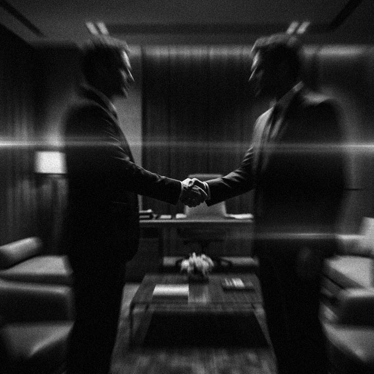 Two people shaking hands in a boardroom, in black and white.
